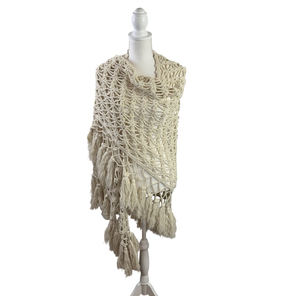 Handmade Wool Blend Crochet Wrap Shawl Beige Boho
